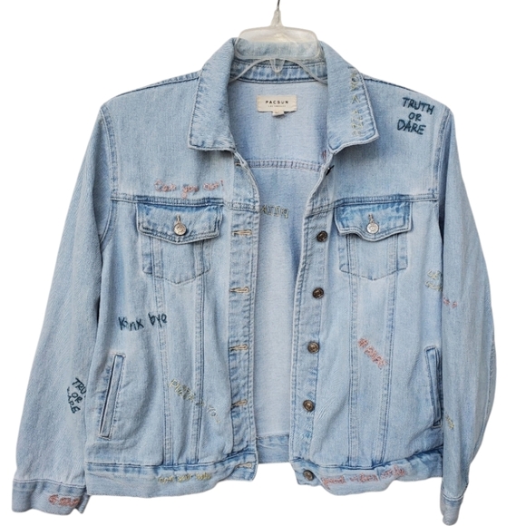 PAC SUN - Y2K Embroidery Sayings Jean Jacket with Pockets Large - Picture 2 of 16
